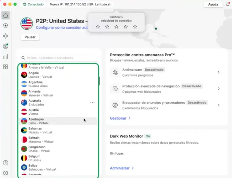 Interfaz de NordVPN mostrando servidores con ping por ubicación para gaming