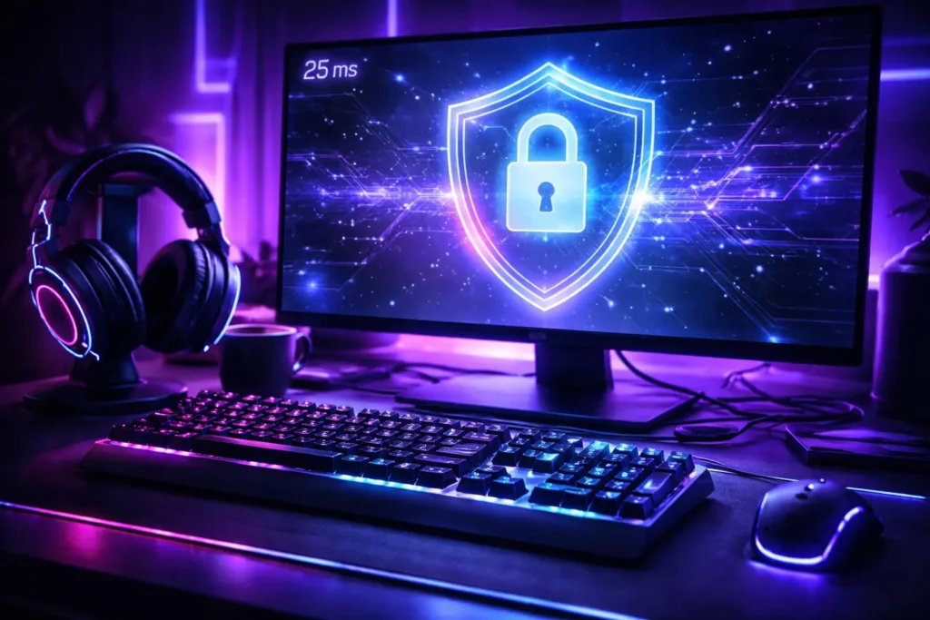 Setup gamer con ícono de VPN representando las mejores VPN para gaming en 2026